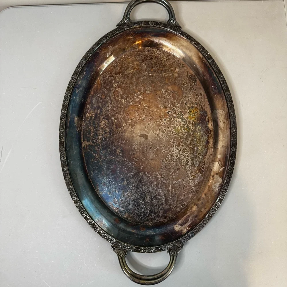 VTG WM Rogers Victorian Floral Rose Silverplate Handled Oval‎ Serving Tray 580